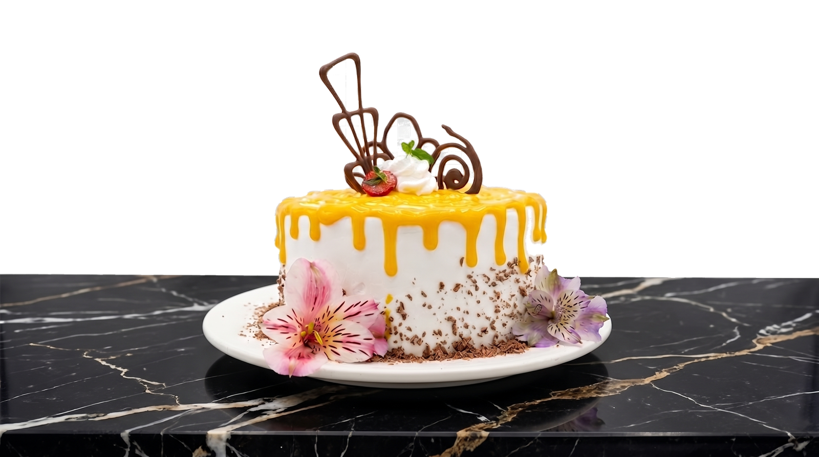 Torta de Autor de 1 Piso Neko no Keki con Drip de Mango, Flores y Escultura de Chocolate sobre Mesa de Mármol